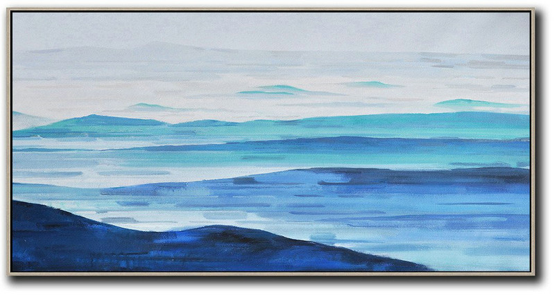 Panoramic Abstract Landscape Painting,Large Contemporary Painting,Grey,White,Blue